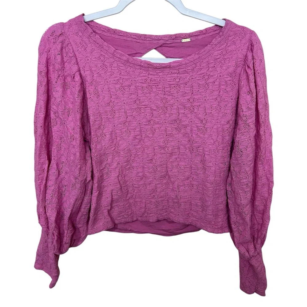 Free People Tea Time Long Sleeve Bell Sleeve Open Back Pink Lace Blouse